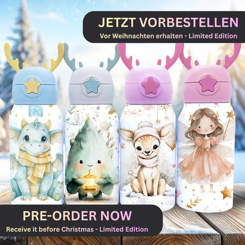 Kinder Thermoflasche Weihnachten Limited Edition | Edelstahl Trinkflasche 500 ml mit Strohhalm & Elch-Geweih Deckel | Sublimation Design Pastell Weihnachtsflasche