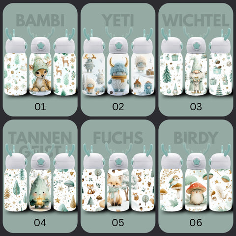 Kinder Thermoflasche Weihnachten Limited Edition | Edelstahl Trinkflasche 500 ml mit Strohhalm & Elch-Geweih Deckel | Sublimation Design Pastell Weihnachtsflasche