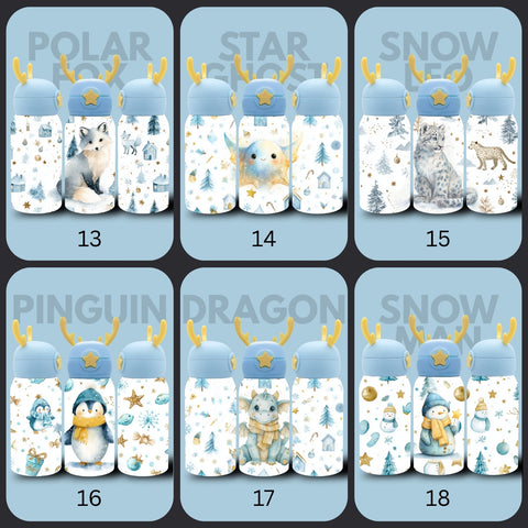 Kinder Thermoflasche Weihnachten Limited Edition | Edelstahl Trinkflasche 500 ml mit Strohhalm & Elch-Geweih Deckel | Sublimation Design Pastell Weihnachtsflasche