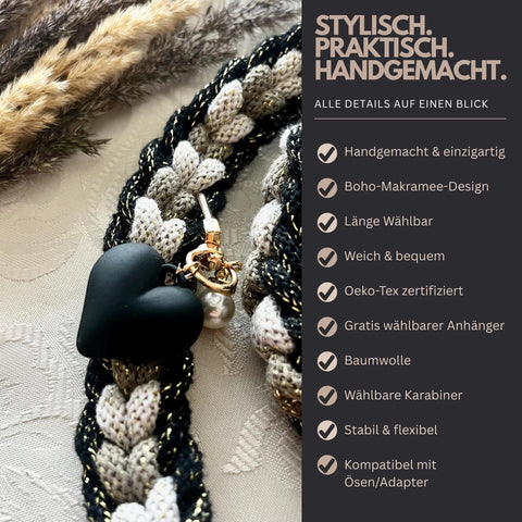 Handykette Crossbody aus Makramee – Handgefertigtes Handyband im Boho-Stil für Smartphone, Lanyard mit Karabiner & Herzanhänger