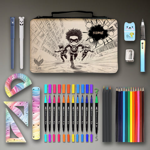 Federmäppchen personalisierbar  37-teiliges Schulset für Kinder mit Stiften & Zubehör  passend zum Comic-Freundebuch Superhelden