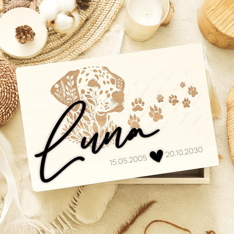 Personalisierte Erinnerungsbox Hund aus Holz