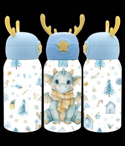 Kinder Thermoflasche Weihnachten Limited Edition | Edelstahl Trinkflasche 500 ml mit Strohhalm & Elch-Geweih Deckel | Sublimation Design Pastell Weihnachtsflasche