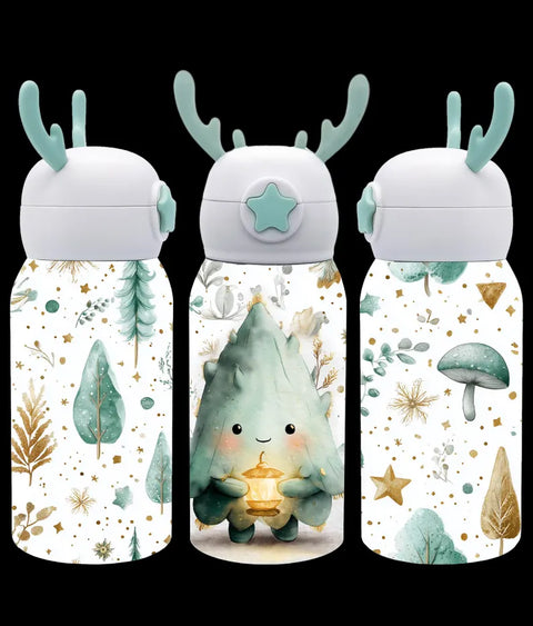 Kinder Thermoflasche Weihnachten Limited Edition | Edelstahl Trinkflasche 500 ml mit Strohhalm & Elch-Geweih Deckel | Sublimation Design Pastell Weihnachtsflasche