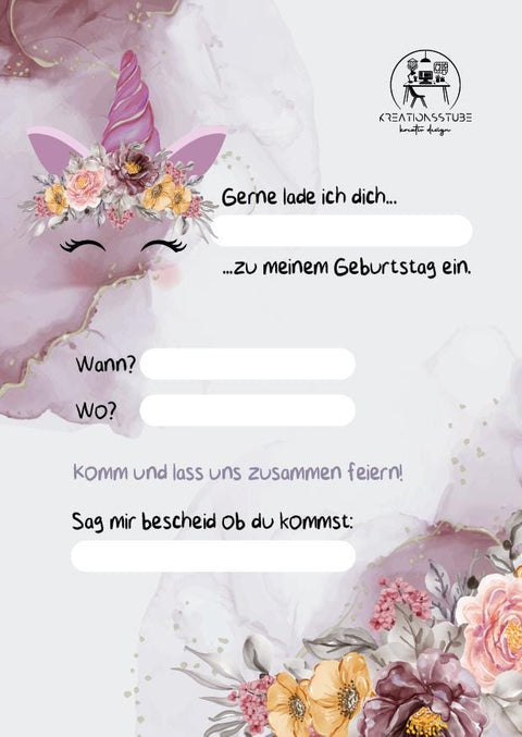 Einhorn Rose Geburtstagseinladung – personalisierte Einladungskarten Kinder, Postkarte, Mädchenparty, bunt & hochwertig