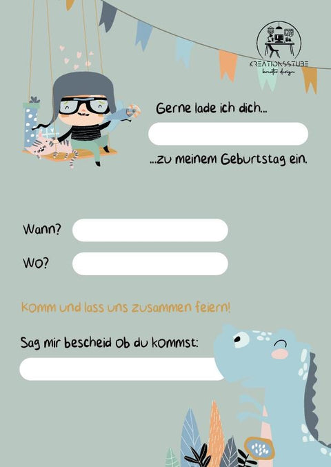 Kinder Geburtstagseinladung – personalisierte Postkarte, Cartoon Design, Einladungskarten Kindergeburtstag, hochwertig & bunt