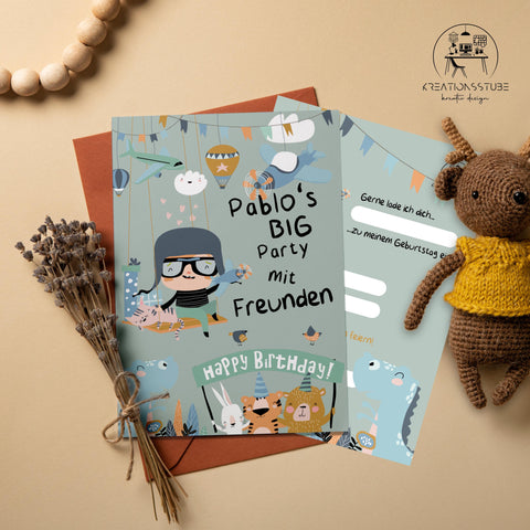 Kinder Geburtstagseinladung – personalisierte Postkarte, Cartoon Design, Einladungskarten Kindergeburtstag, hochwertig & bunt