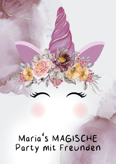 Einhorn Rose Geburtstagseinladung – personalisierte Einladungskarten Kinder, Postkarte, Mädchenparty, bunt & hochwertig