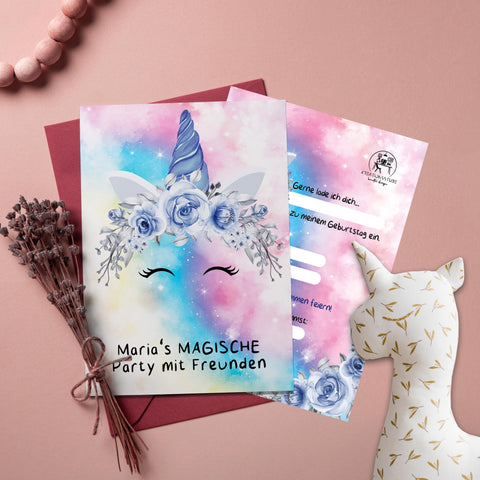 Einhorn Rainbow Geburtstagseinladung – personalisierte Einladungskarten Kinder, Postkarte, Mädchenparty, bunt & hochwertig