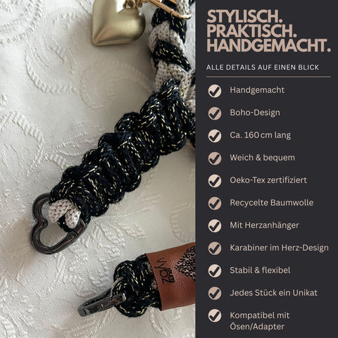 Handykette Crossbody aus Makramee – Handgefertigtes Handyband im Boho-Stil für Smartphone, Lanyard mit Karabiner & Herzanhänger