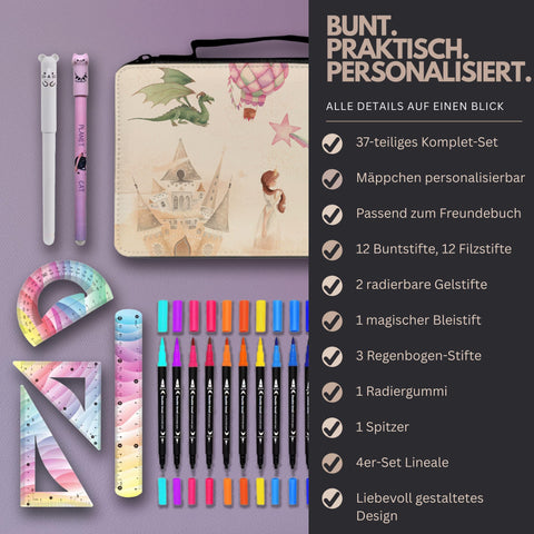 Federmäppchen personalisierbar  37-teiliges Set für Kinder mit Stiften und Zubehör  passend zum Freundebuch Einhörner & Prinzessinnen