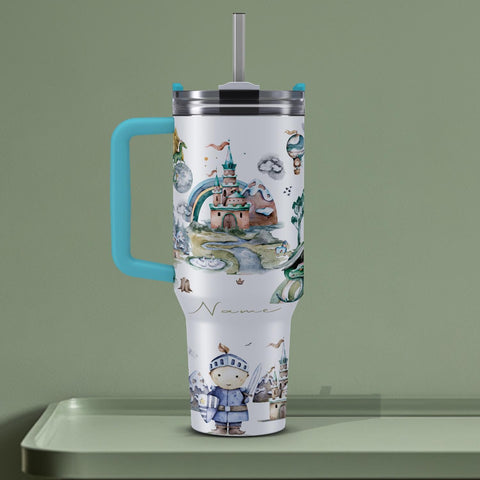 Tumbler 40oz personalisierbar · Edelstahlbecher für Kinder · Drachen & Ritter · Hält Getränke heiß oder kalt · Inkl. Strohhalm
