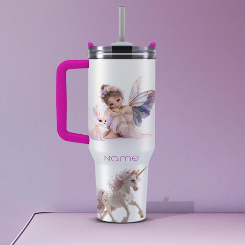 Tumbler 40oz personalisierbar · Edelstahlbecher für Kinder · Feen & Kreaturen Design · Hält Getränke heiß oder kalt · Inkl. Strohhalm