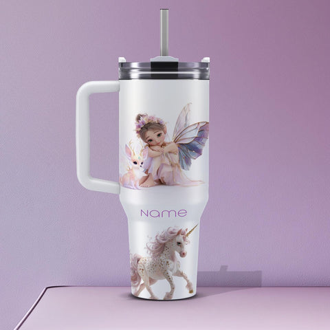 Tumbler 40oz personalisierbar · Edelstahlbecher für Kinder · Feen & Kreaturen Design · Hält Getränke heiß oder kalt · Inkl. Strohhalm