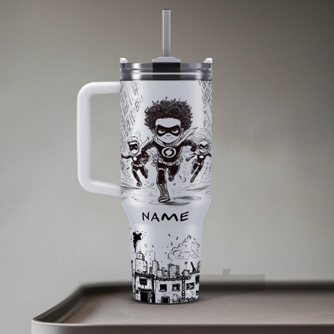 Tumbler 40oz personalisierbar · Edelstahlbecher für Kinder · Comic Superhelden · Hält Getränke heiß oder kalt · Inkl. Strohhalm