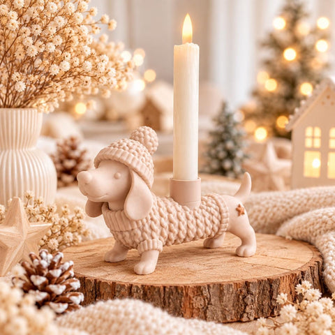 Weihnachtsdackel Wonne | Dackel Figur & LED Kerzenhalter | Adventskranz mit 4 Kerzen | Weihnachtsdeko Dackel