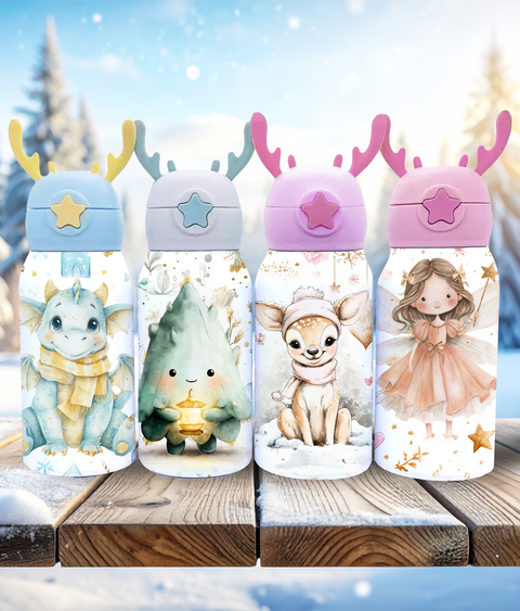 Kinder Thermoflasche Weihnachten Limited Edition | Edelstahl Trinkflasche 500 ml mit Strohhalm & Elch-Geweih Deckel | Sublimation Design Pastell Weihnachtsflasche