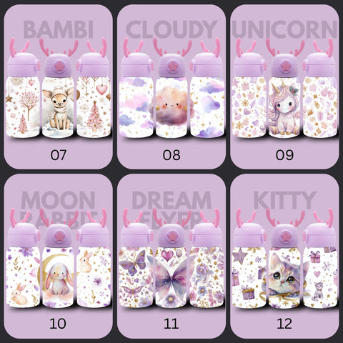 Kinder Thermoflasche Weihnachten Limited Edition | Edelstahl Trinkflasche 500 ml mit Strohhalm & Elch-Geweih Deckel | Sublimation Design Pastell Weihnachtsflasche