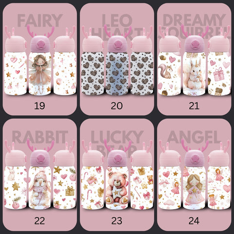 Kinder Thermoflasche Weihnachten Limited Edition | Edelstahl Trinkflasche 500 ml mit Strohhalm & Elch-Geweih Deckel | Sublimation Design Pastell Weihnachtsflasche