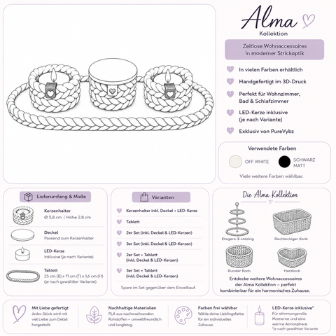 Alma Kerzenhalter in Strickoptik | Kerzenhalter Set mit Tablett | Boho Deko | 3D Druck | Teelichthalter | Geschenk | Handmade