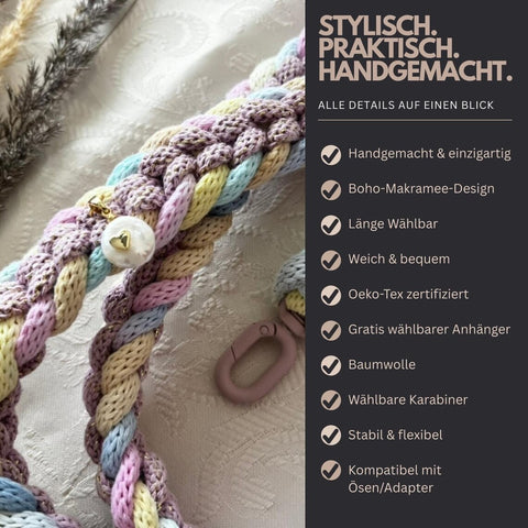 Handykette Crossbody aus Makramee – Handgefertigtes Handyband im Boho-Stil für Smartphone, Lanyard mit Karabiner & Anhänger