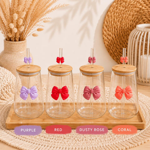Trinkglas mit Schleife | 400 ml Glas mit Bambusdeckel & Glasstrohhalm | Bow Cup | Coquette Glas | Geschenk für Freundin | Iced Coffee Glas
