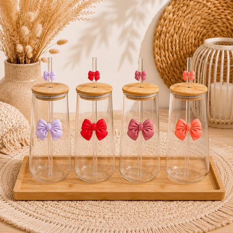 Trinkglas mit Schleife | 400 ml Glas mit Bambusdeckel & Glasstrohhalm | Bow Cup | Coquette Glas | Geschenk für Freundin | Iced Coffee Glas