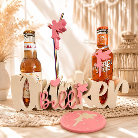 Drinkerbell Trinkhalter personalisiert | Flaschenhalter Set mit Untersetzer & Strohhalm | Aperol Halter | Fee Geschenk