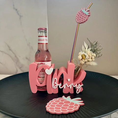 Pink berry Trinkhalter personalisiert | Flaschenhalter mit Untersetzer & Strohhalm | Sommer Geschenk | Beerendrink Deko | Drinkhalter