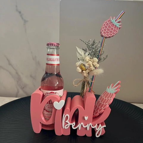 Pink berry Trinkhalter personalisiert | Flaschenhalter mit Untersetzer & Strohhalm | Sommer Geschenk | Beerendrink Deko | Drinkhalter