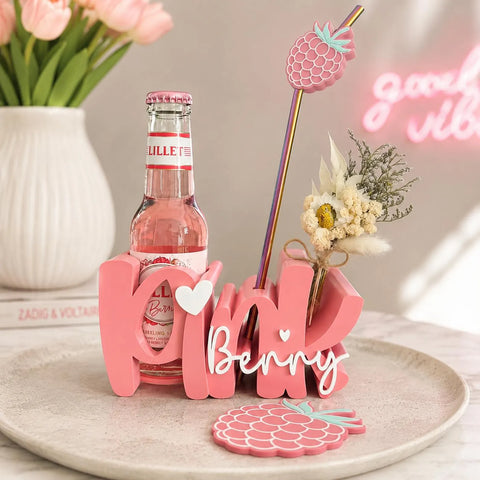 Pink berry Trinkhalter personalisiert | Flaschenhalter mit Untersetzer & Strohhalm | Sommer Geschenk | Beerendrink Deko | Drinkhalter