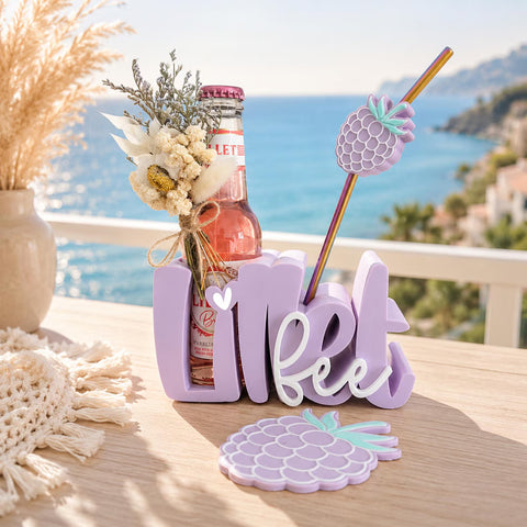 Lilletfee Trinkhalter personalisiert | Flaschenhalter mit Untersetzer & Strohhalm | Lillet Geschenk | Sommerdeko | Drinkhalter Berry