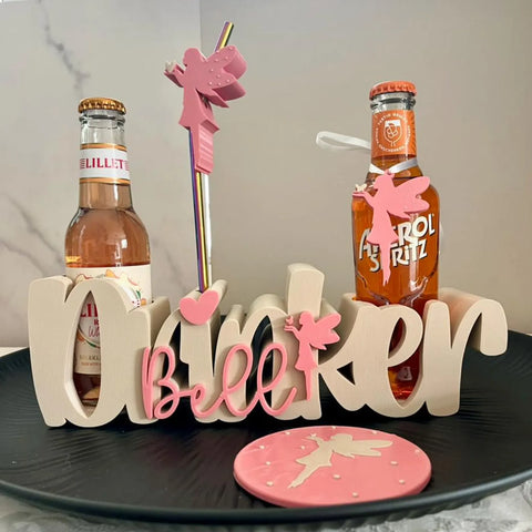 Drinkerbell Trinkhalter personalisiert | Flaschenhalter Set mit Untersetzer & Strohhalm | Aperol Halter | Fee Geschenk