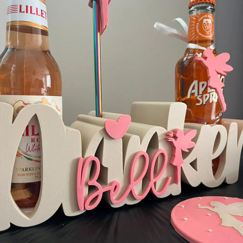 Drinkerbell Trinkhalter personalisiert | Flaschenhalter Set mit Untersetzer & Strohhalm | Aperol Halter | Fee Geschenk