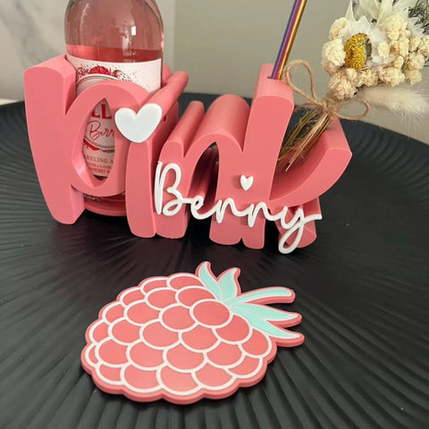 Pink berry Trinkhalter personalisiert | Flaschenhalter mit Untersetzer & Strohhalm | Sommer Geschenk | Beerendrink Deko | Drinkhalter