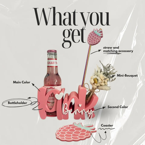 Pink berry Trinkhalter personalisiert | Flaschenhalter mit Untersetzer & Strohhalm | Sommer Geschenk | Beerendrink Deko | Drinkhalter