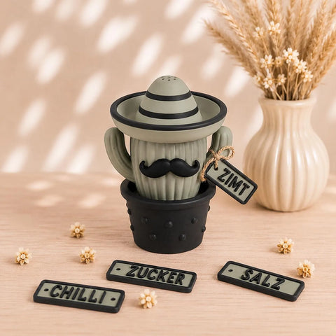 Mr. Nacho Kaktus Gewürzstreuer | Salz & Pfeffer Streuer mit Sombrero | Süße Küchen Deko | Zimt, Zucker, Chili Streuer | Geschenkidee