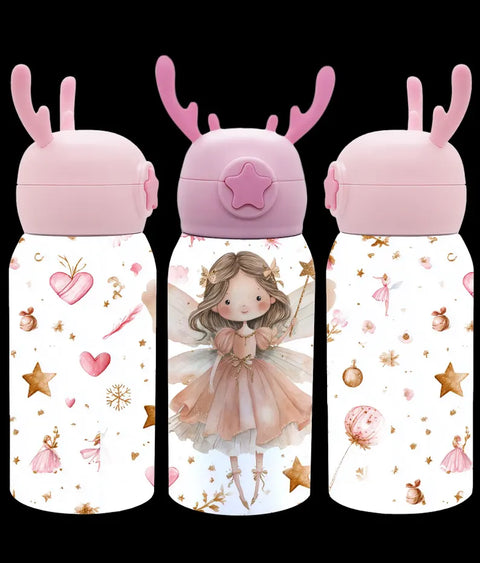 Kinder Thermoflasche Weihnachten Limited Edition | Edelstahl Trinkflasche 500 ml mit Strohhalm & Elch-Geweih Deckel | Sublimation Design Pastell Weihnachtsflasche