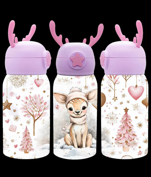Kinder Thermoflasche Weihnachten Limited Edition | Edelstahl Trinkflasche 500 ml mit Strohhalm & Elch-Geweih Deckel | Sublimation Design Pastell Weihnachtsflasche