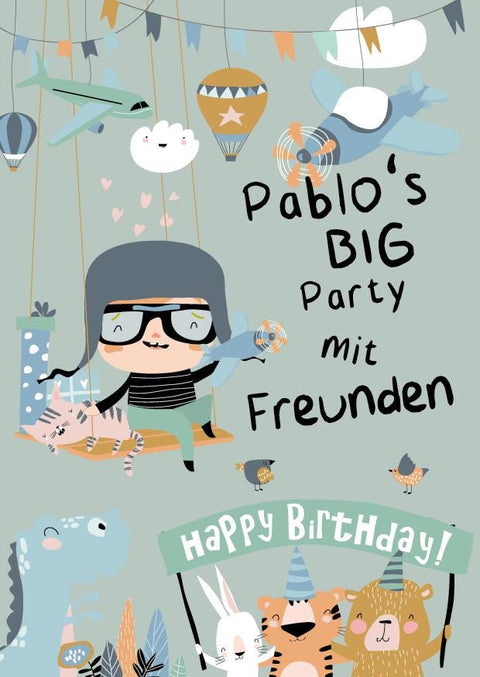 Kinder Geburtstagseinladung – personalisierte Postkarte, Cartoon Design, Einladungskarten Kindergeburtstag, hochwertig & bunt