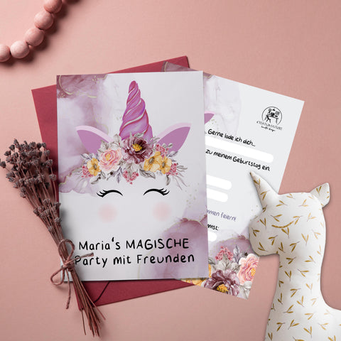 Einhorn Rose Geburtstagseinladung – personalisierte Einladungskarten Kinder, Postkarte, Mädchenparty, bunt & hochwertig