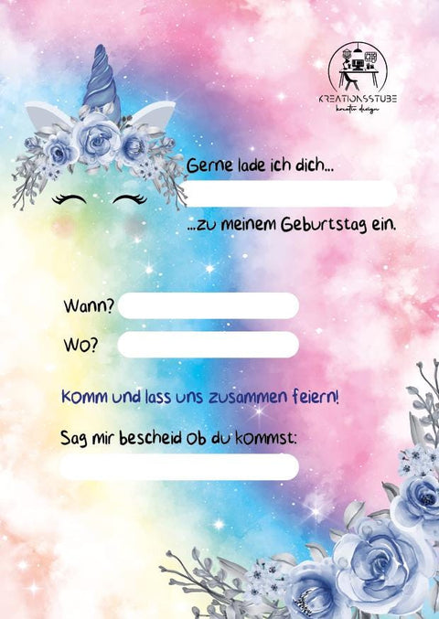 Einhorn Rainbow Geburtstagseinladung – personalisierte Einladungskarten Kinder, Postkarte, Mädchenparty, bunt & hochwertig