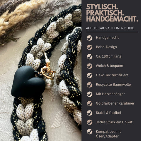 Handykette Crossbody aus Makramee – Handgefertigtes Handyband im Boho-Stil für Smartphone, Lanyard mit Karabiner & Herzanhänger