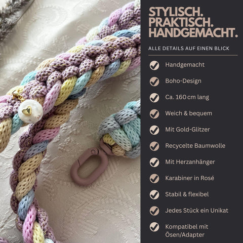 Handykette Crossbody aus Makramee – Handgefertigtes Handyband im Boho-Stil für Smartphone, Lanyard mit Karabiner & Herzanhänger, Pastell