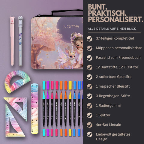 Federmäppchen personalisierbar  37-teiliges Set für Kinder mit Stiften und Zubehör  passend zum Freundebuch Feen & Kreaturen