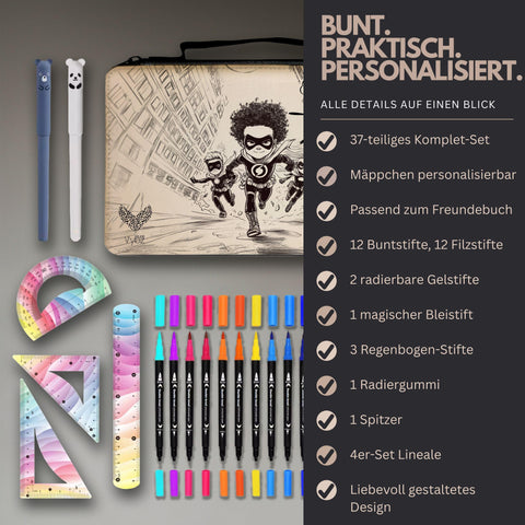 Federmäppchen personalisierbar  37-teiliges Schulset für Kinder mit Stiften & Zubehör  passend zum Comic-Freundebuch Superhelden