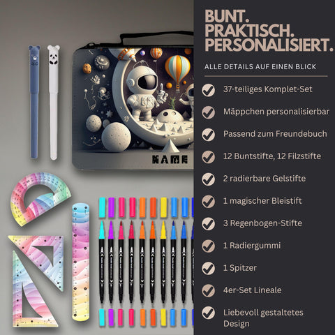 Federmäppchen personalisierbar  37-teiliges Schulset für Kinder mit Stiften & Zubehör  passend zum Galaxie und Astronauten
