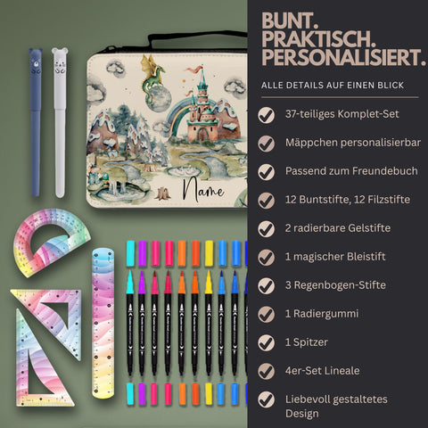 Federmäppchen personalisierbar  37-teiliges Schulset für Kinder mit Stiften & Zubehör  passend zum Drachen und Ritter