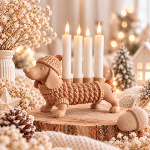 Weihnachtsdackel Wonne | Dackel Figur & LED Kerzenhalter | Adventskranz mit 4 Kerzen | Weihnachtsdeko Dackel
