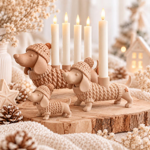 Weihnachtsdackel Wonne | Dackel Figur & LED Kerzenhalter | Adventskranz mit 4 Kerzen | Weihnachtsdeko Dackel